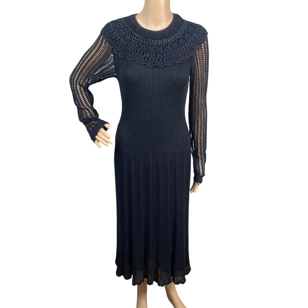 VTG 60s Nina Spain Black Crochet Midi Dress XS-L Scalloped Edwardian Gothic Mod